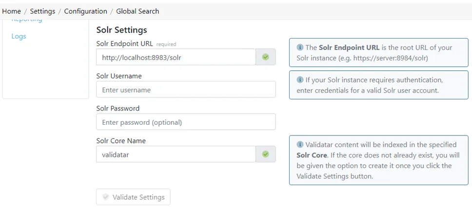 تهيئة Global Search في Validatar